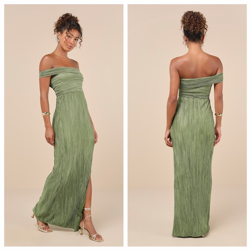 Lulu's Poised Performance Olive Green Plisse One-Shoulder
Maxi Dress